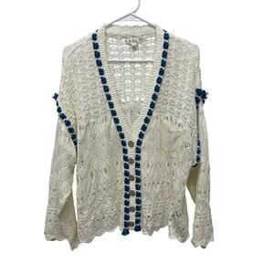 POL oversized crochet cardigan sweater ivory with blue green detail size medium